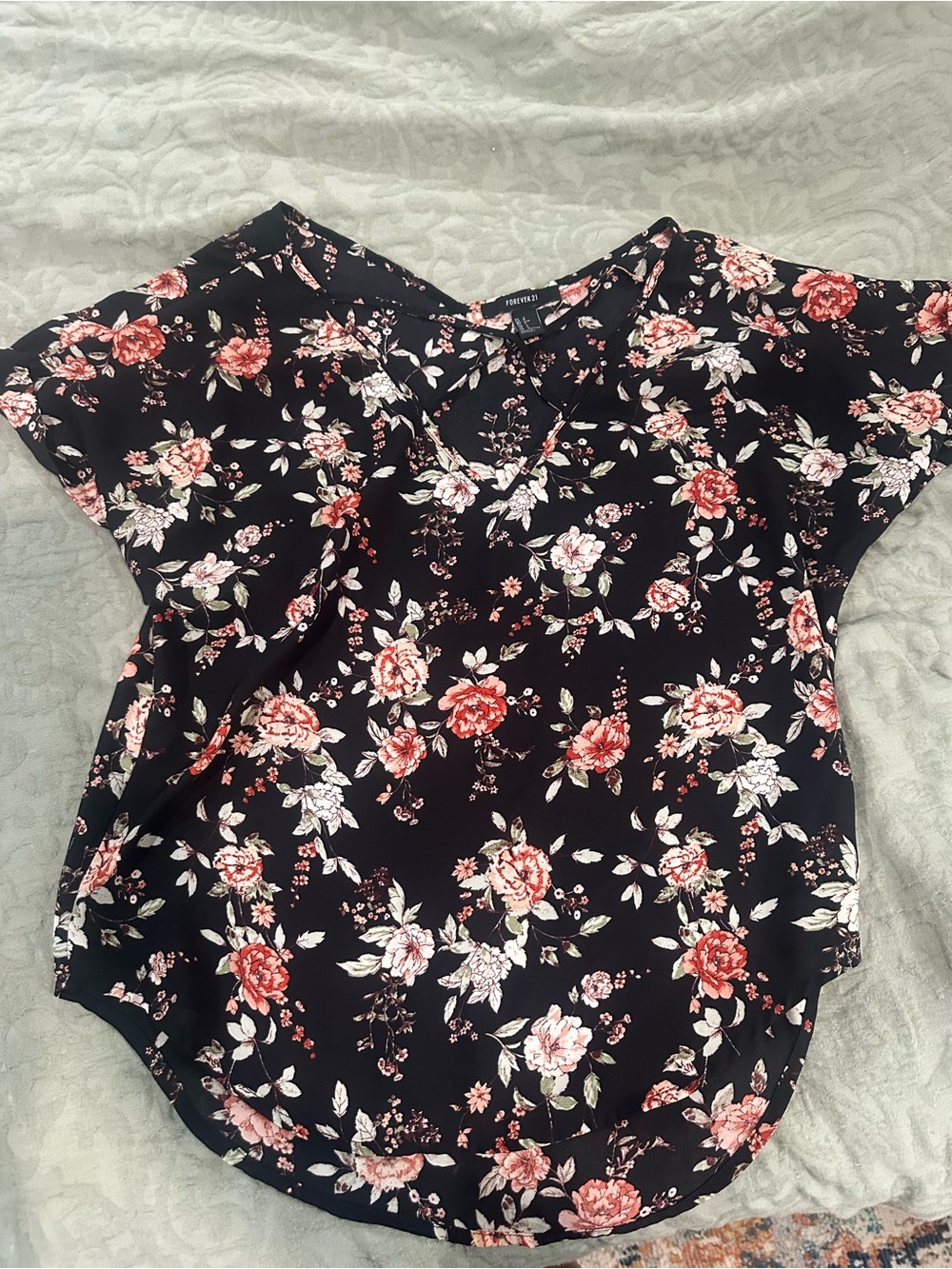 Forever 21 Black Floral Short-Sleeve Blouse with Pink Roses